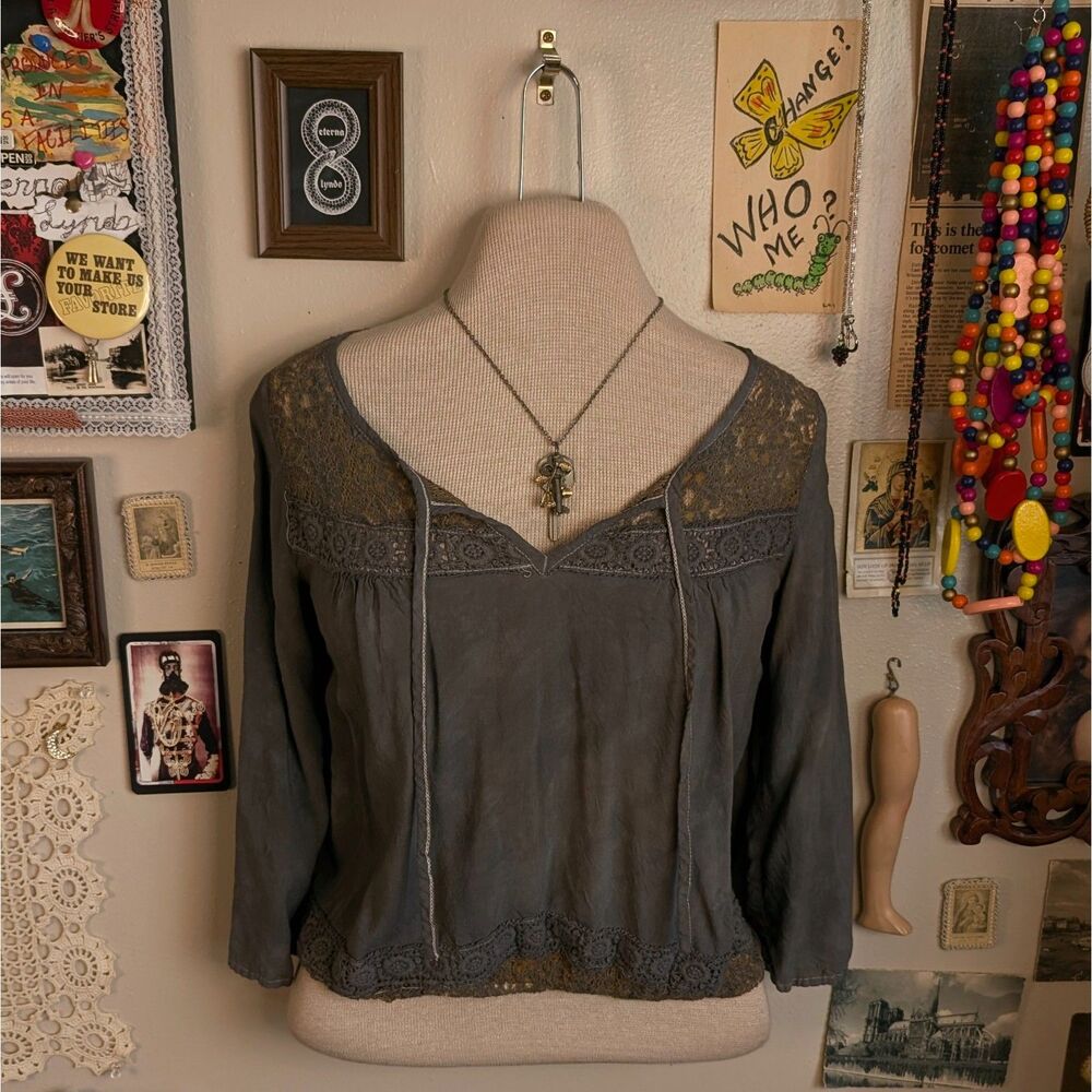 Tea Stained Lace Blouse Women's Small Dark Gray